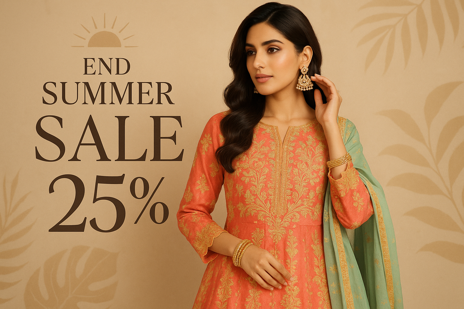 End Summer sale 25 with a glamorous lady in Pakistani traditional clothes
